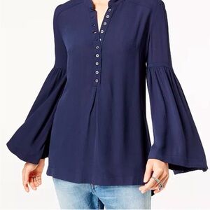 Navy Blue Flowy Blouse with Bell Sleeves